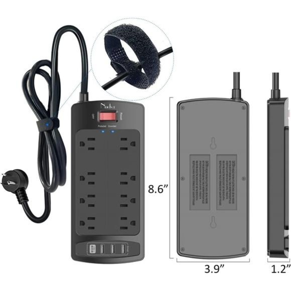 Surge Protector Power Strip - Flat Plug Extension Cord w/ 8 Outlet, 6 Ft, Black - Picture 7 of 7